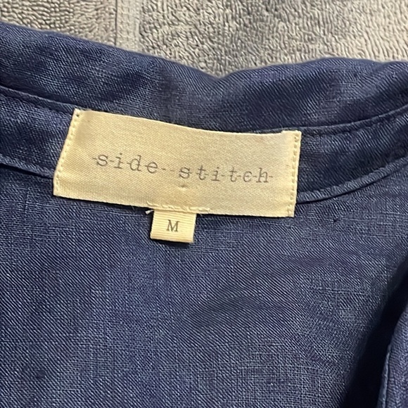 Side Stitch Linen Roll Tab Sleeve V Neck Tunic Blouse Navy Blue Lightweight Sz M - Picture 8 of 13